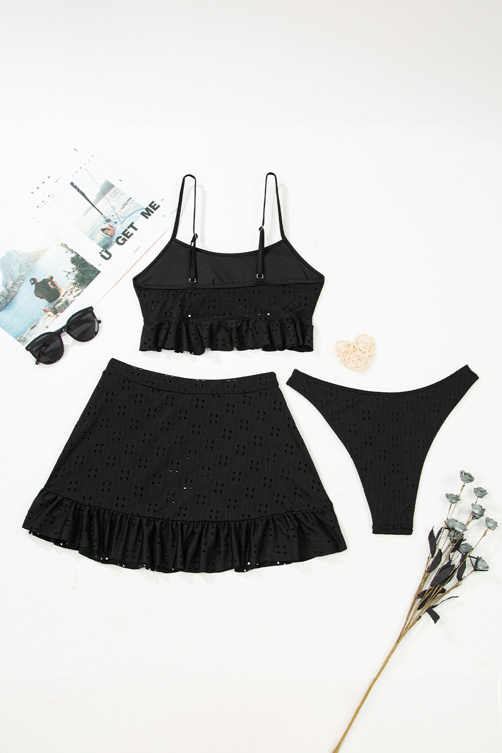 Black Eyelet Pattern Knotted Ruffle Trim 3pcs Bikini Set