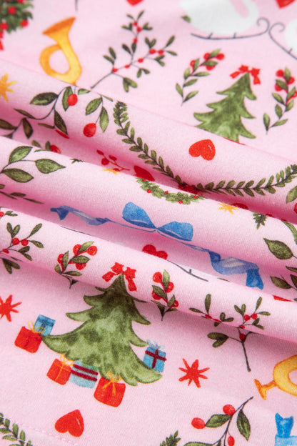 Pink Nutcracker Doll Christmas Print Ribbon Tie Waist Short 2pcs Pajama Set