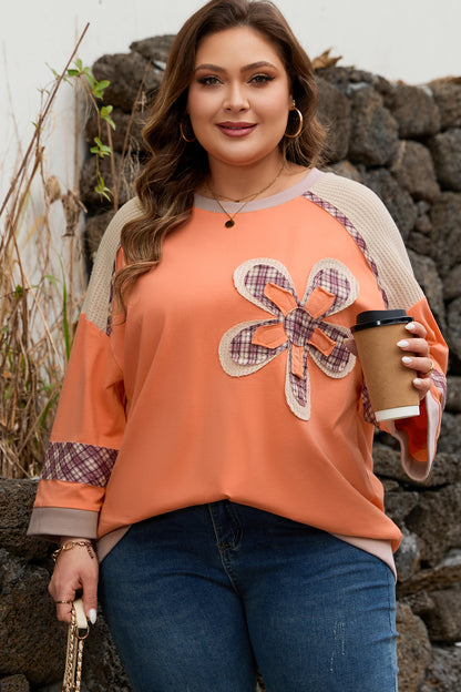 Grapefruit Orange Plaid Flower Waffle Patched Plus Size 3/4 Sleeve Top