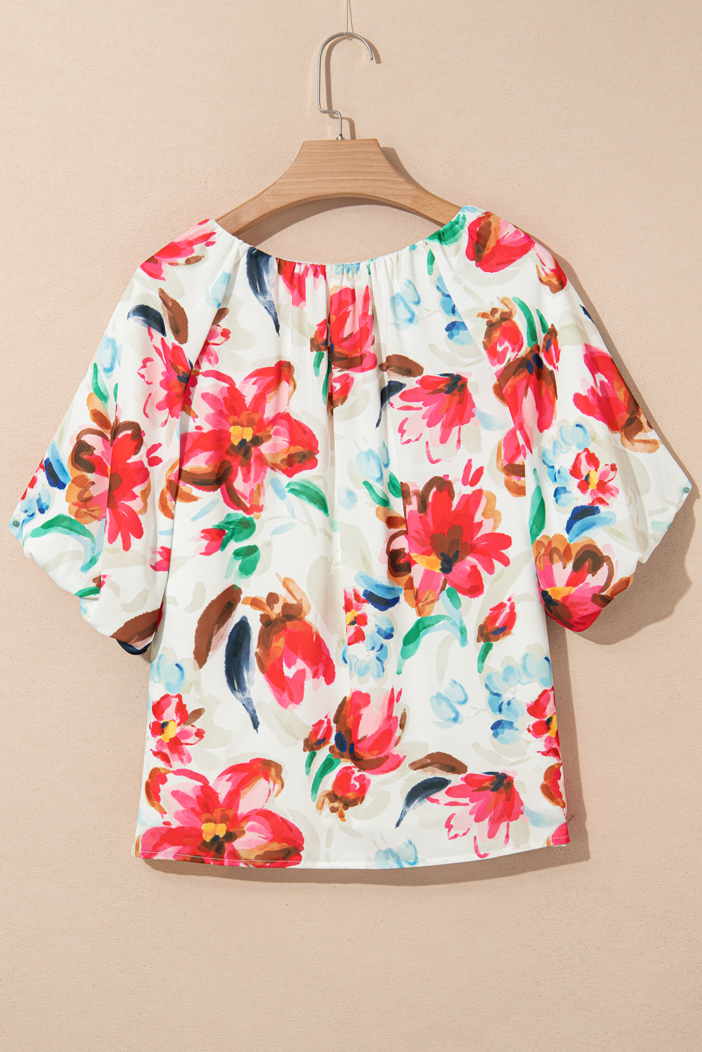 White Floral Print Puffy Half Sleeve Blouse