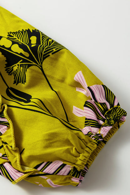 Yellow Vintage Floral V Neck Ruffle Trim Long Sleeve Blouse