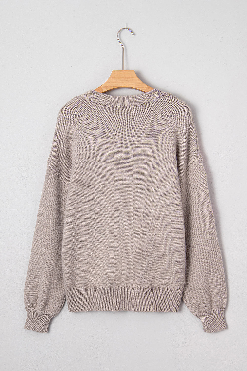 Simply Taupe Embroidered Floral Sleeve Round Neck Loose Sweater