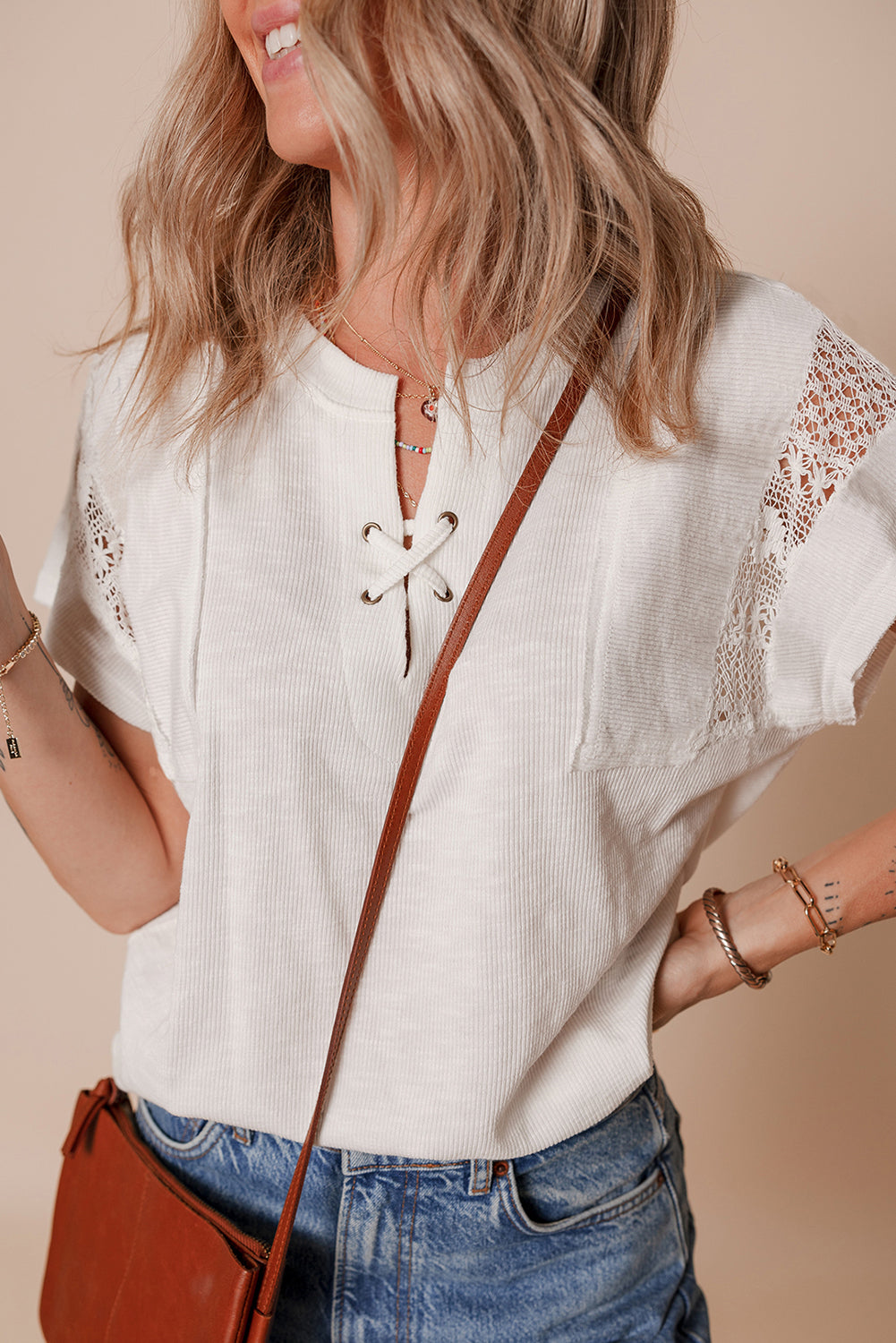 White Ribbed Texture Lace Patchwork Short Sleeve Top