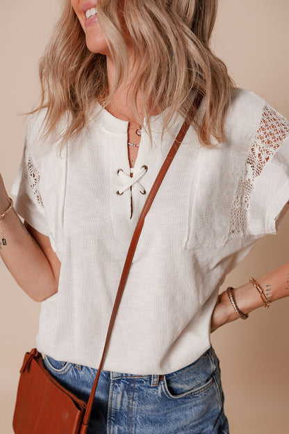 White Ribbed Texture Lace Patchwork Short Sleeve Top